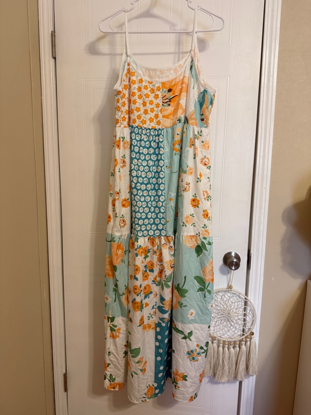 Floral Patchwork Maxi Dress in White, Mint & Orange